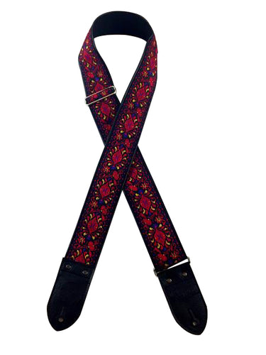 Dark Red Floral Ribbon Guitar Strap